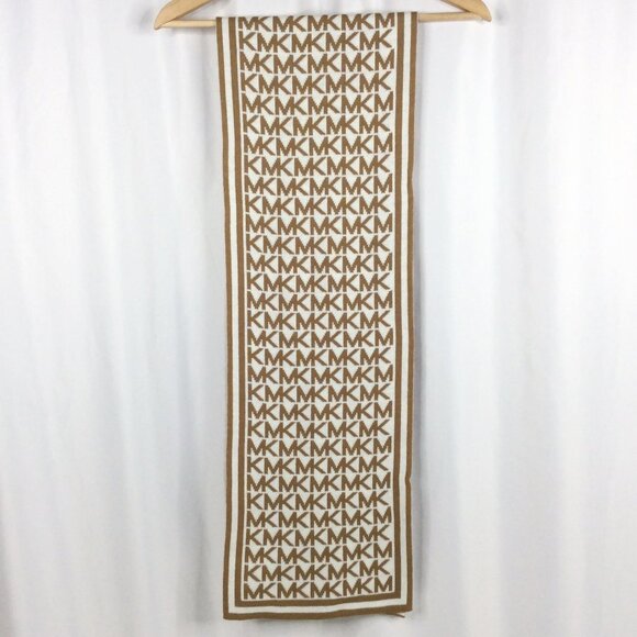 MICHAEL Michael Kors Scarf MK Logo Bordered Beige White Rectangle Knit - Picture 1 of 5